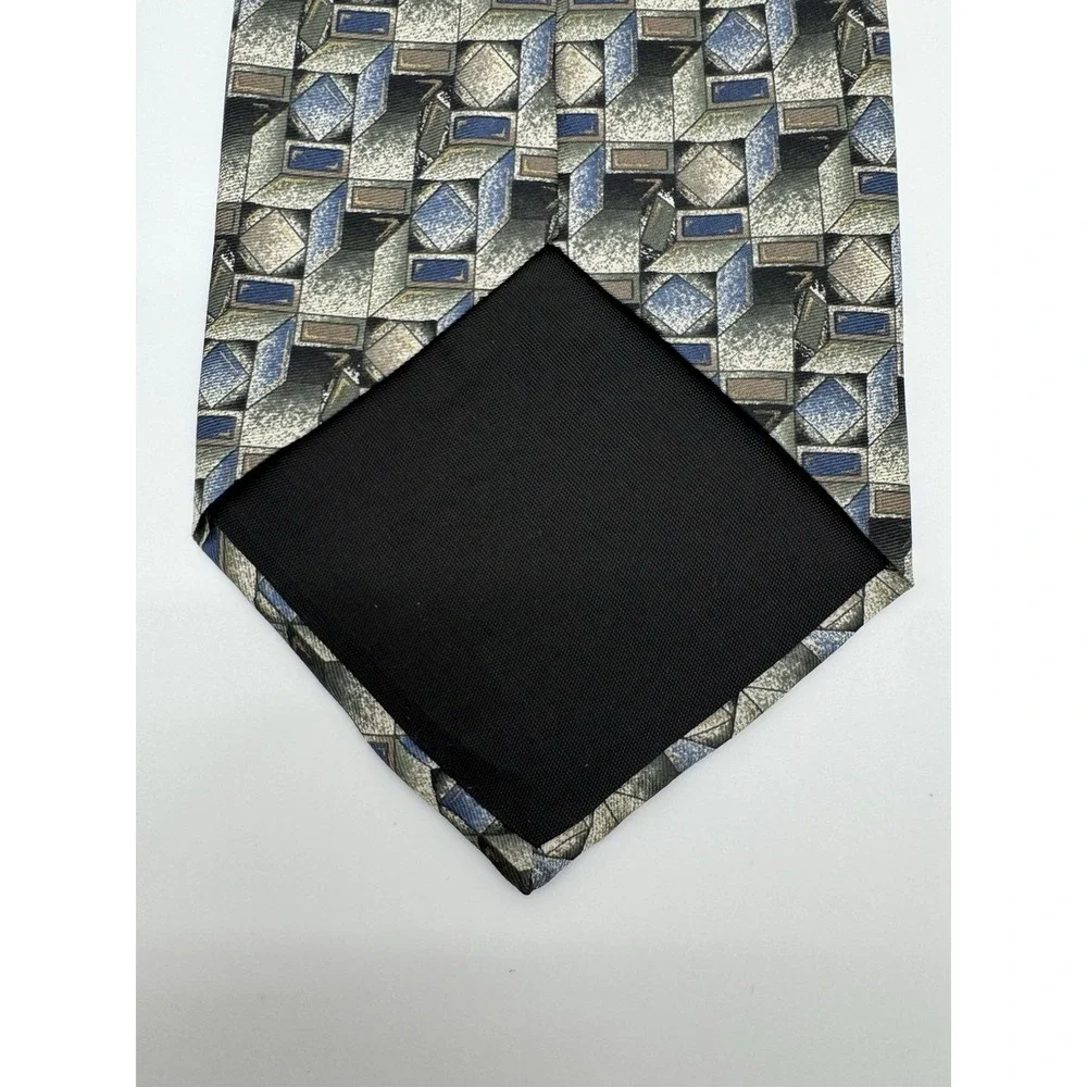 Barrington 100% Silk Tie Geometric Cube Pattern Blue Gray Brown Classic Mens Tie
